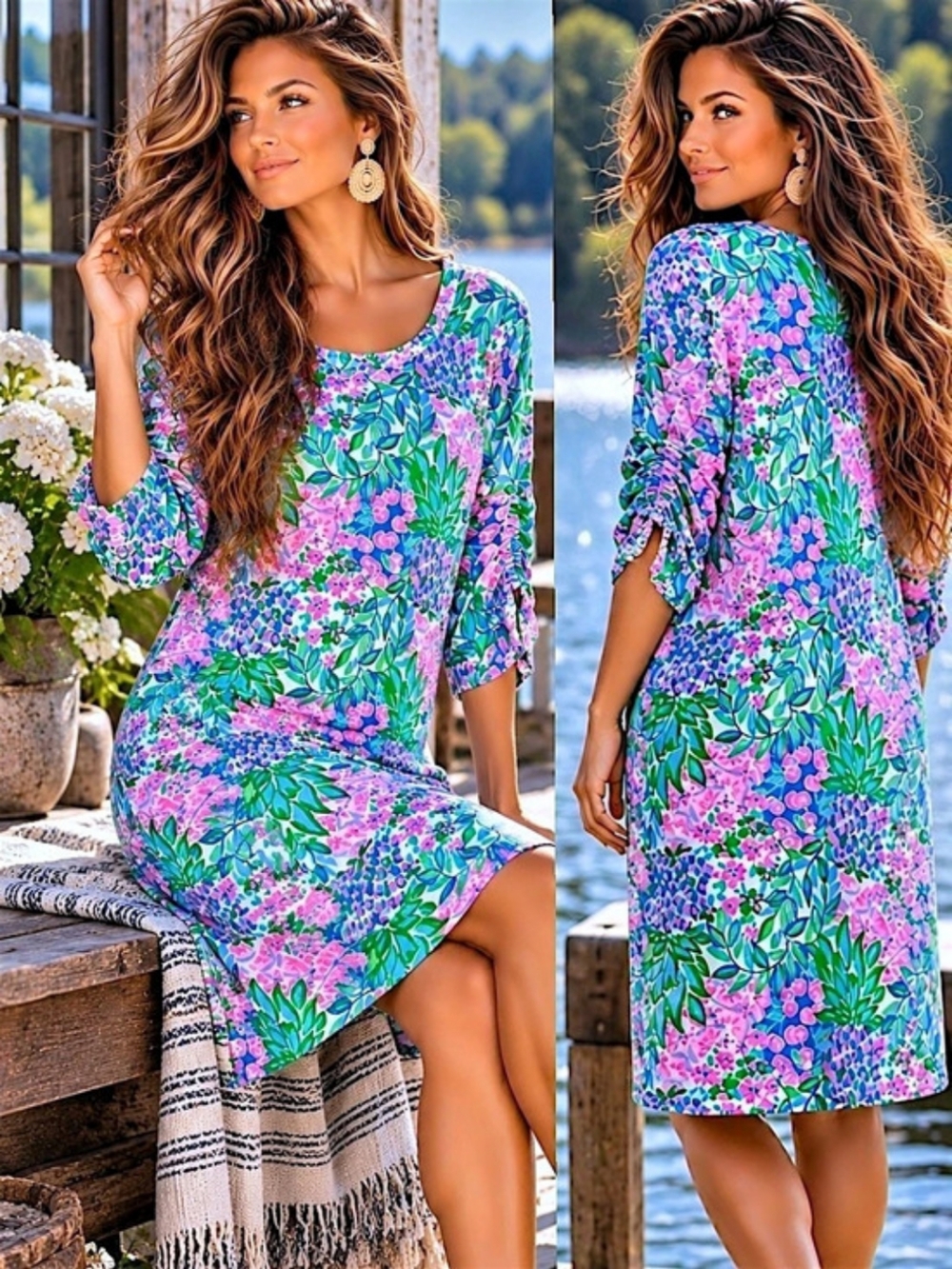 Lilly Pulitzer XL Belsen T Shirt Dress Floral Pink Green Pima Cotton Resortwear